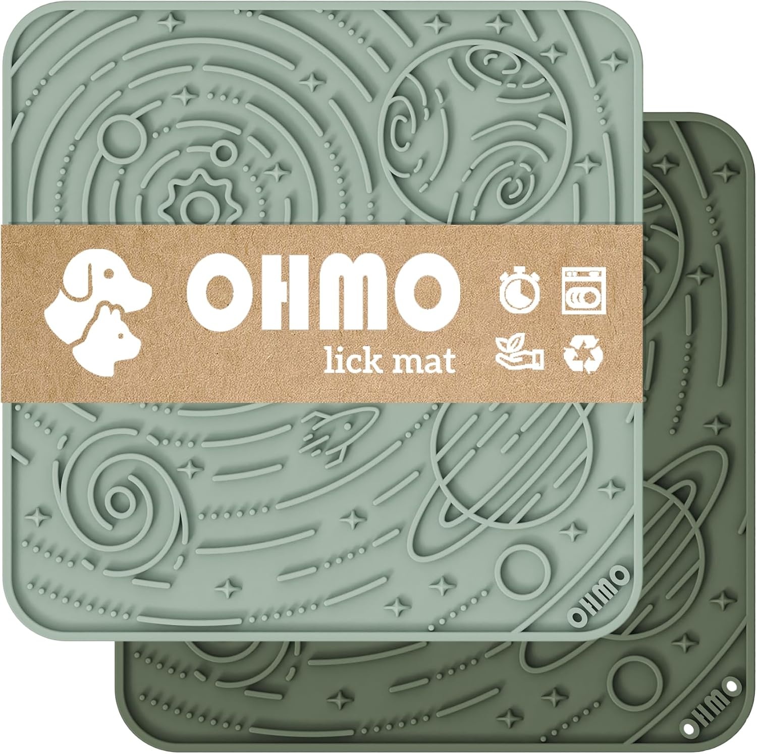 image:imageOHMO Lick Mat for Dogs and CatsSmall DarkampLight Blue 2pcs Enrichment Accessories Toy Space Star Easy Clean Pet Slow FeederSuction Cups Licking Pad for Anxiety Relief and Boredom ReductionCamo GreenLight Green