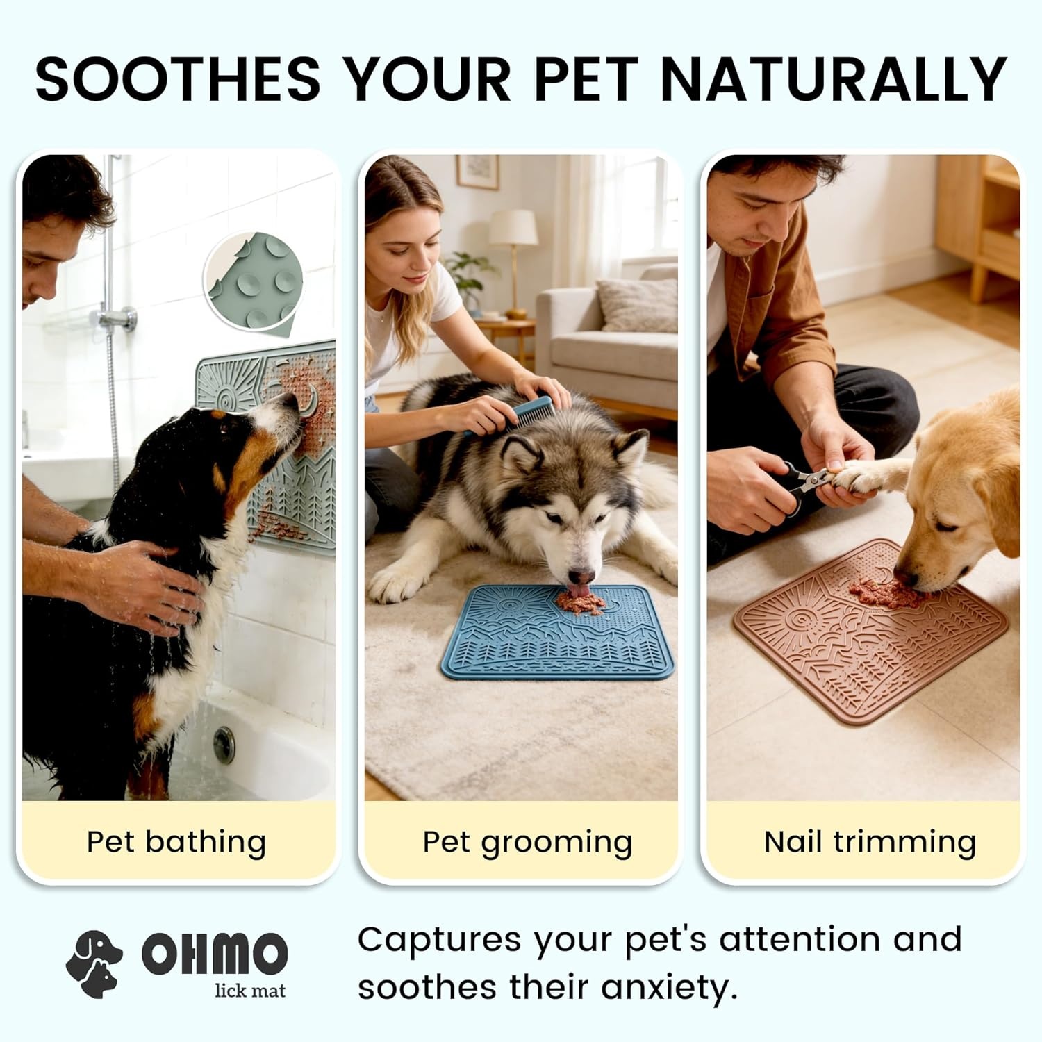 image:imageOHMO Lick Mat for Dogs and Cats Large2 Pack Nature Design Easy to Clean Pet Slow Feeder with Suction Cups for Anxiety Relief and Boredom ReductionOliveSage GreenLight Blue
