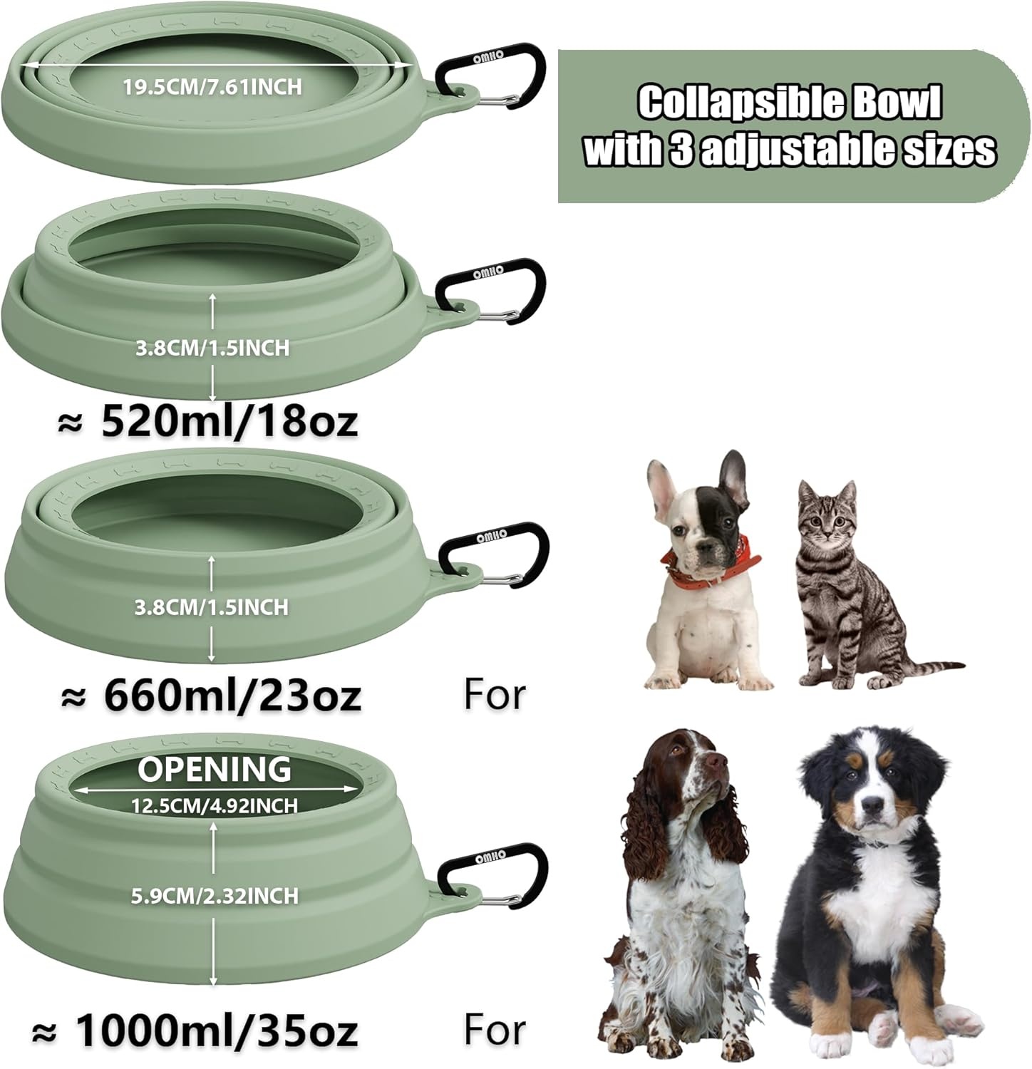image:imageOHMO Spill Proof Collapsible Dog Water Bowl Large 34oz for Cars No Splash Portable Bowls for Dog Travel Pet Essentials for Road Trips Cat Travel AccessoriesSage Green