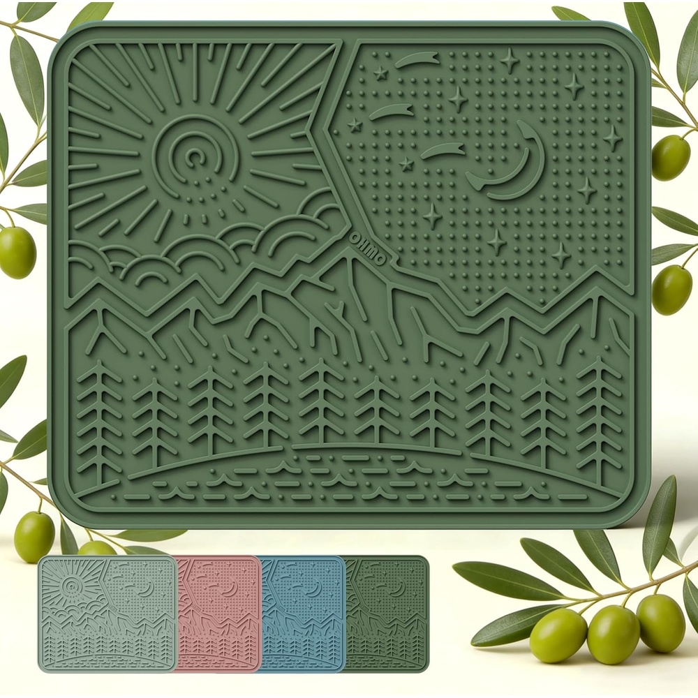 image:imageOHMO Lick Mat for Dogs and Cats Large2 Pack Nature Design Easy to Clean Pet Slow Feeder with Suction Cups for Anxiety Relief and Boredom ReductionOliveSage GreenOlive Green